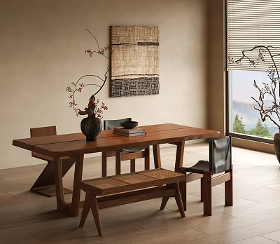 Warm Minimalist Interior With Wooden Dining Table Chairs Bench And Woven Wall Hanging 3d model