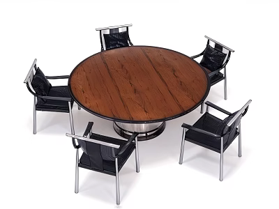 Modern Simple Dining Table Set With Round Wooden Top And Four Black Metal Frame Chairs 3d model