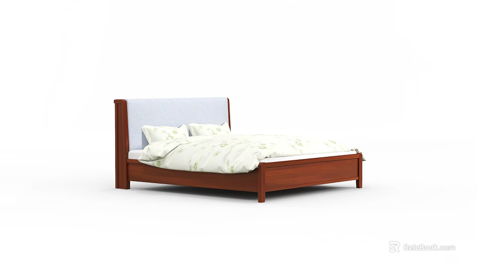 Double Bed Featuring Wooden Frame Light Blue Headboard White Quilt With Green Patterns 3d model