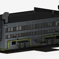 Industrial Factory Building Exterior With Rooftop Vents Large Windows Yellow Pipes And Entrances
