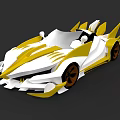 White And Yellow Open Top Sports Car With Streamlined Sharp Front And Unique Rear Wing