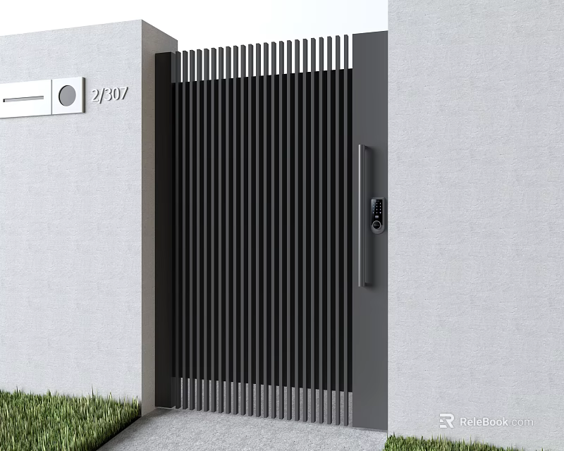 Modern Entrance Gate With Black Vertical Slats And Gray Wall Design Near Grass 3d model 