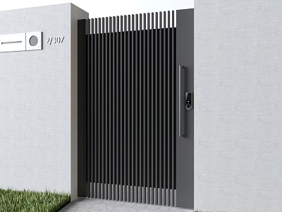 Modern Entrance Gate With Black Vertical Slats And Gray Wall Design Near Grass 3d model