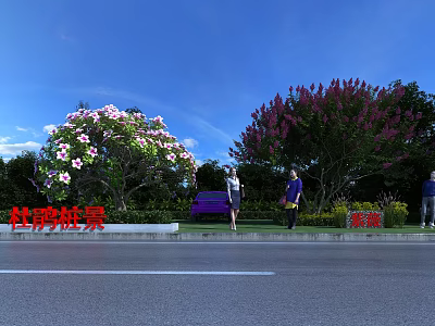 Scenic Roadside Landscape With Rhododendron Crape Myrtle And Pedestrians Under Blue Sky 3d model