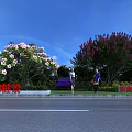 Scenic Roadside Landscape With Rhododendron Crape Myrtle And Pedestrians Under Blue Sky