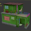 Two Story Green Building With Gray Roof Balcony Clothes Hanging Hammock And Grilled Windows