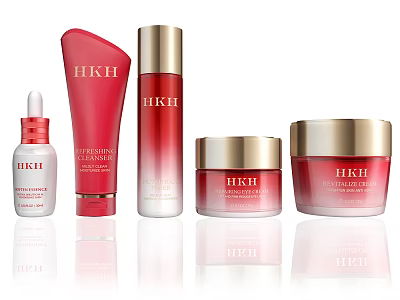 Elegant Red And Gold Skincare Cosmetics Set With Cleansing Milk Serum Lotion And Moisturizer 3d model