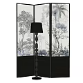 Decorative Folding Screen with Floral Tree Patterns and Black Floor Lamp 3d model