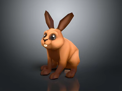 Brown Cartoon Rabbit 3D Model Sitting with Large Ears Black Eyes on Reflective Gray Background 3d model