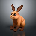 Brown Cartoon Rabbit 3D Model Sitting with Large Ears Black Eyes on Reflective Gray Background
