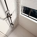 Modern Bathroom Interior with Glass Shower White Toilet Towel Rack Window Blinds and Mountain View