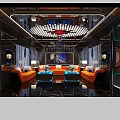 Modern KTV Lounge Interior With Orange Sofas Illuminated Coffee Tables And Large Screen TV