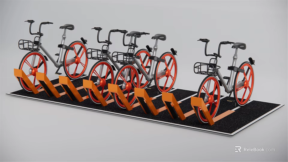 Bicycles in a row with orange wheels on orange rack black floor 3d model 