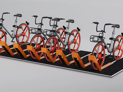 Bicycles in a row with orange wheels on orange rack black floor 3d model