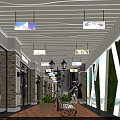 Shopping Mall Walkway With Wooden Ceiling Storefronts Pendant Lights Bench Green Plants And Mural