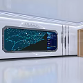 Futuristic White Exhibition Hall Featuring Model Base Sign Large Screen Earth Spaceship And Illuminated Lines