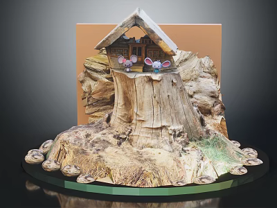 Cartoon Scene Featuring Tree Stump Base With Small House Two Little Mice and Mushrooms 3d model