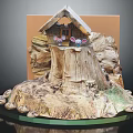 Cartoon Scene Featuring Tree Stump Base With Small House Two Little Mice and Mushrooms