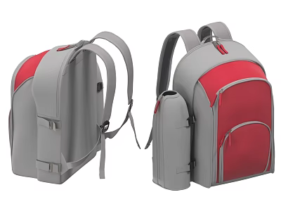 Stylish Gray And Red Backpack With Double Shoulder Straps And Practical Side Pocket Design 3d model