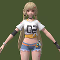 Anime Female Character With Blonde Twin Tails White T Shirt 02 Ripped Blue Denim Shorts