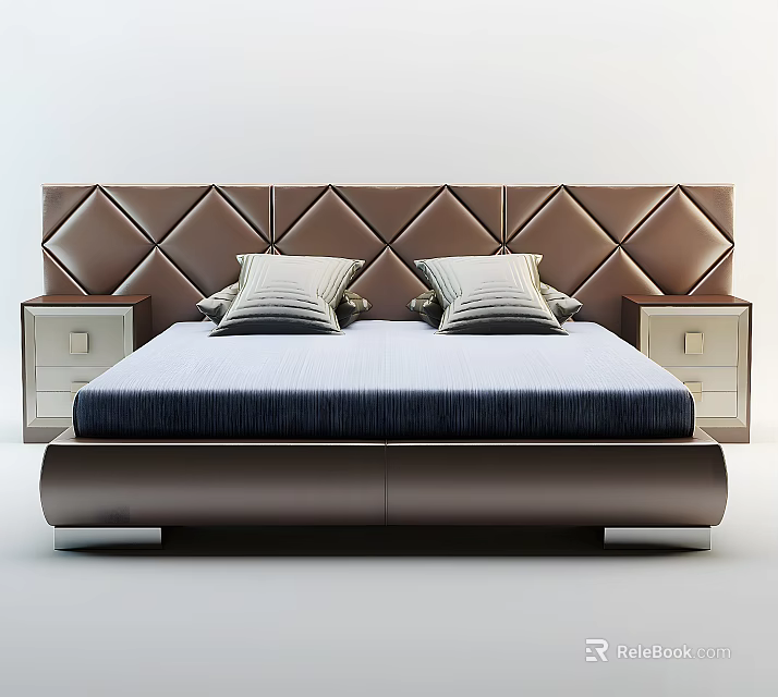 Modern Double Bed With Brown Quilted Headboard Two Pillows And Side Nightstands 3d model