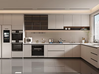 Modern Kitchen Interior With White Cabinets Island Countertop And Stainless Steel Appliances 3d model