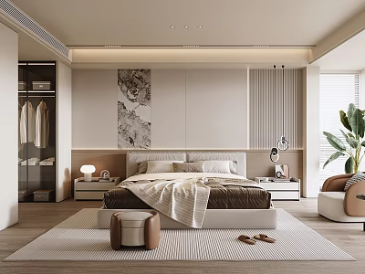 Modern Bedroom Interior With Bed Nightstand Wardrobe Rug And Decorative Painting 3d model