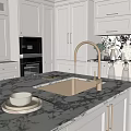 Modern Kitchen Sink With Gold Faucet On Marble Countertop And Cabinets