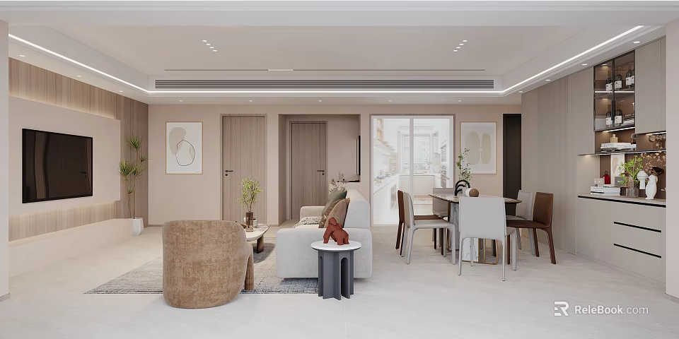 Elegant Modern Dining and Living Room Interior With Sofa Dining Table Chairs and Plants 3d model 