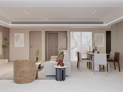 Elegant Modern Dining and Living Room Interior With Sofa Dining Table Chairs and Plants 3d model