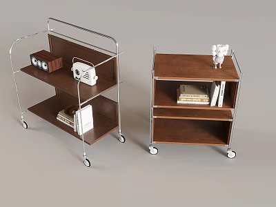 Modern Coffee Tables With Metal Frame Wooden Shelves And Decorative Items On Wheels 3d model