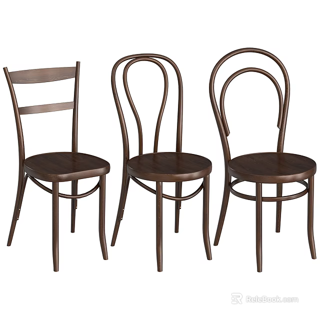 Three Dark Brown Wooden Leisure Chairs With Straight And Curved Backrest Simple Style Designs 3d model 