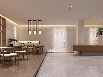 Modern Clubhouse Interior With Wooden Tables Reception Desk Pendant Lights And Decorative Plant 3d model