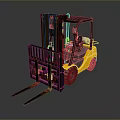Yellow Industrial Forklift With Black Cab And Metal Forks On Gray Surface