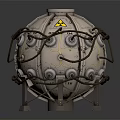 Spherical Industrial Equipment With Metal Pipes Valves And Warning Signs On Support Stand