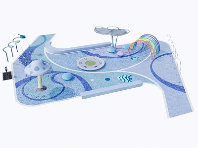 Kids Play Area With Mushroom Structures Rainbow Water Spray And Circular Blue Flooring 3d model