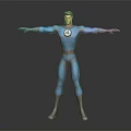 Man in Blue Spandex Suit with Chest Emblem Standing Arms Outstretched