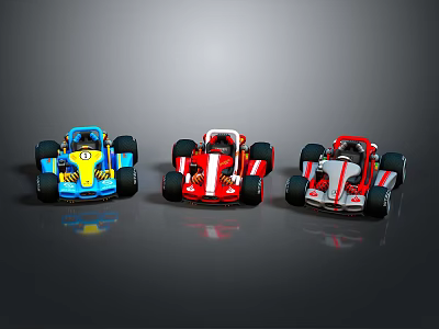 Three Colorful Karts Blue Red and Red White On Gray Background With Clear Reflections 3d model