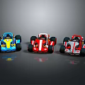 Three Colorful Karts Blue Red and Red White On Gray Background With Clear Reflections
