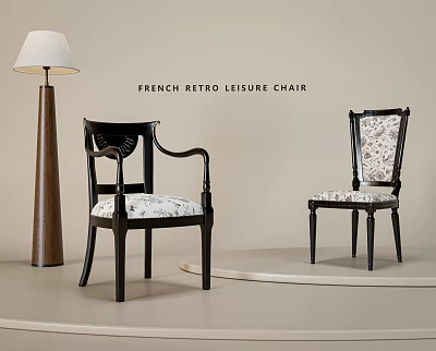 French Retro Leisure Chair With Wooden Frame Patterned Fabric Seat Curved Armrests and Floor Lamp 3d model