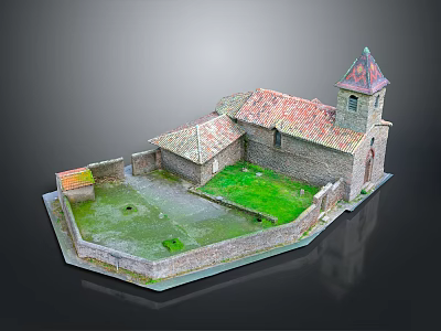 Historical Stone Building Model With Red Tiled Roof Tower Spire And Green Grass Courtyard 3d model