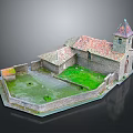 Historical Stone Building Model With Red Tiled Roof Tower Spire And Green Grass Courtyard