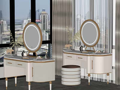Elegant White Dressing Table with Round Mirror Gold Accents and Stool by Window 3d model