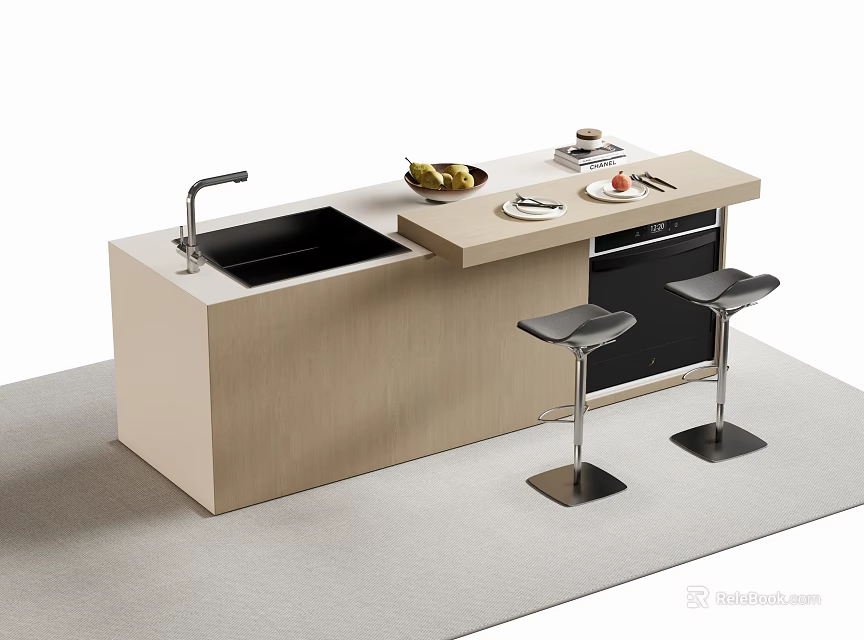 Modern Minimalist Bar Counter With Wooden Top Black Stools Sink And Dishwasher 3d model 
