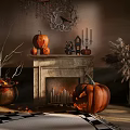 Halloween Living Room Sofa and Coffee Table Set with Pumpkin Decor Fireplace and Chandelier