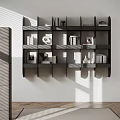 Modern Black Grey Bookcase Interior with Open Shelves Books and Decorative Items
