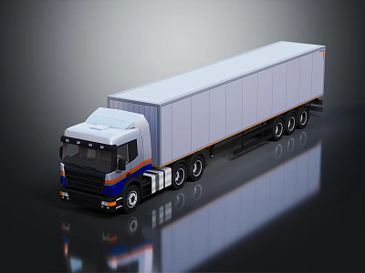 Large Cargo Truck With White Container Blue Orange Front And Multiple Wheels On Shiny Surface 3d model