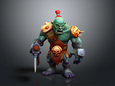 Green Skin Game Movie Character With Red Headdress Yellow Shoulder Armor Skull Decoration And Dagger 3d model