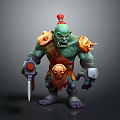 Green Skin Game Movie Character With Red Headdress Yellow Shoulder Armor Skull Decoration And Dagger