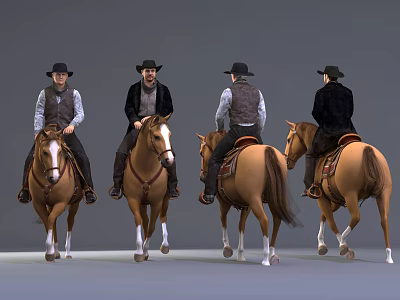 Two Men Riding Horses Wearing Cowboy Hats In Western Style 3d model